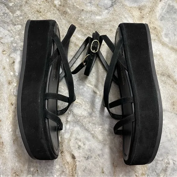 Stuart Weitzman Summerlift Calfskin Ankle-Strap Flatform Sandals Black Suede