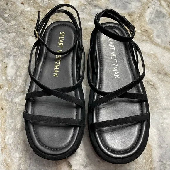 Stuart Weitzman Summerlift Calfskin Ankle-Strap Flatform Sandals Black Suede