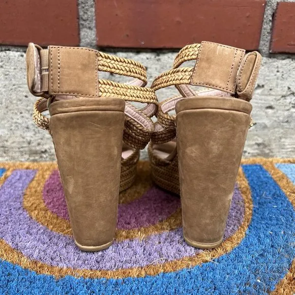 Stuart Weitzman Wedge Sandals Size 6 Tan Brown Espadrilles Braided Ankle Straps