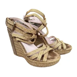 Stuart Weitzman Wedge Sandals Size 6 Tan Brown Espadrilles Braided Ankle Straps