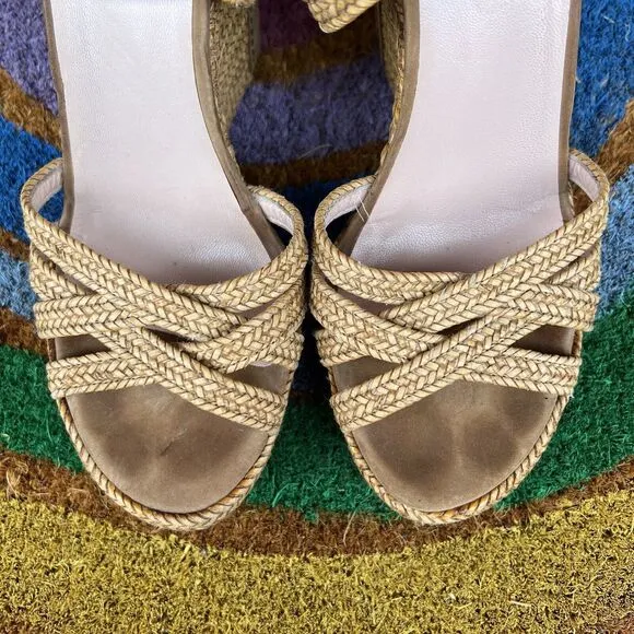 Stuart Weitzman Wedge Sandals Size 6 Tan Brown Espadrilles Braided Ankle Straps
