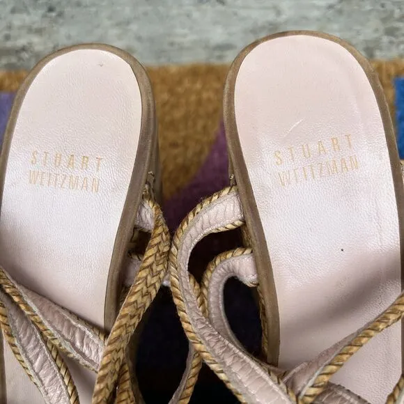 Stuart Weitzman Wedge Sandals Size 6 Tan Brown Espadrilles Braided Ankle Straps