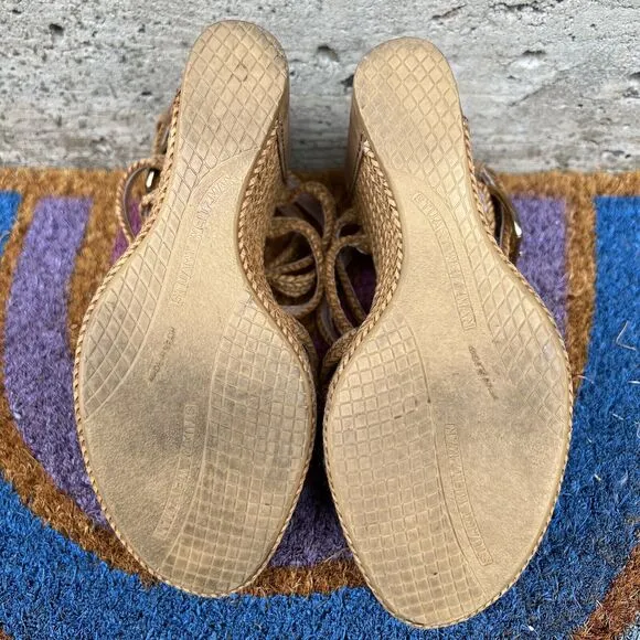 Stuart Weitzman Wedge Sandals Size 6 Tan Brown Espadrilles Braided Ankle Straps