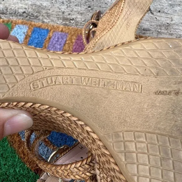 Stuart Weitzman Wedge Sandals Size 6 Tan Brown Espadrilles Braided Ankle Straps
