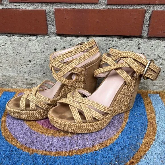Stuart Weitzman Wedge Sandals Size 6 Tan Brown Espadrilles Braided Ankle Straps