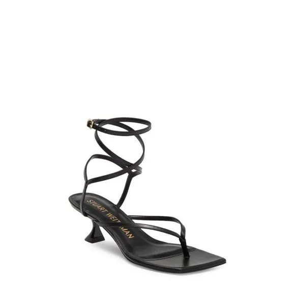 STUART WEITZMAN Womens Black Cabo Toe Flare Leather Heeled Thong Sandals 5.5 B