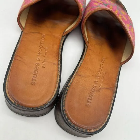 Stubbs &amp; Wootton Slides Multicolor Leather Needlepoint Flats Sandals Floral Sz 7