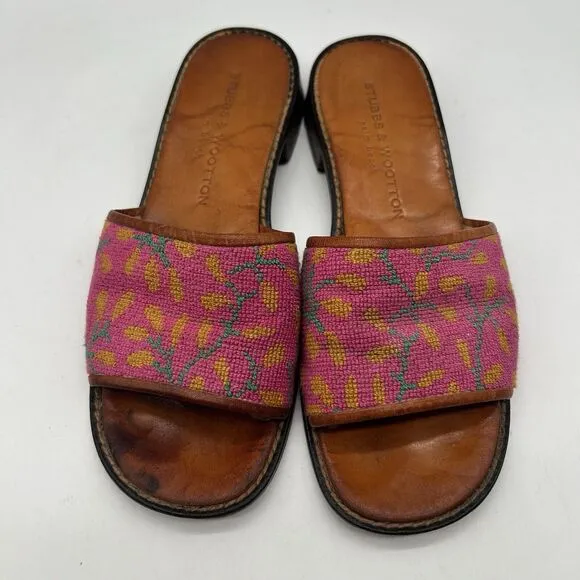 Stubbs &amp; Wootton Slides Multicolor Leather Needlepoint Flats Sandals Floral Sz 7