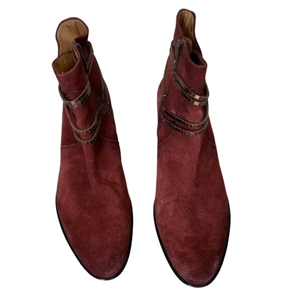 Sundance Burgundy Suede Ankle Booties SIZE 9.5 Boots Italian Chain Detail $275