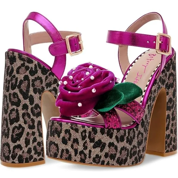 🆕️Sz9 Betsey Johnson Sparkle Leopard Flower Top &quot;Eugene&quot; Platform Block Heel