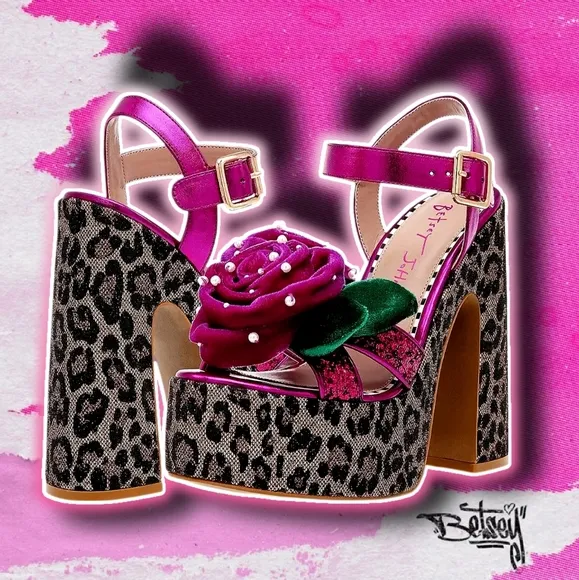 🆕️Sz9 Betsey Johnson Sparkle Leopard Flower Top &quot;Eugene&quot; Platform Block Heel