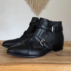Tabitha Simmons Windle Black Leather Pointy Toe Silver Buckle  Ankle Boot Size 8