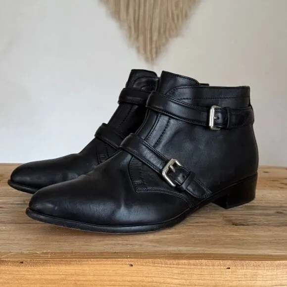 Tabitha Simmons Windle Black Leather Pointy Toe Silver Buckle  Ankle Boot Size 8