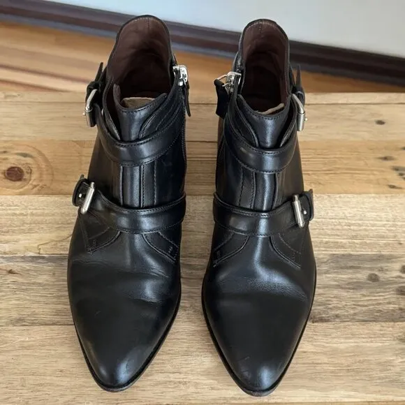 Tabitha Simmons Windle Black Leather Pointy Toe Silver Buckle  Ankle Boot Size 8