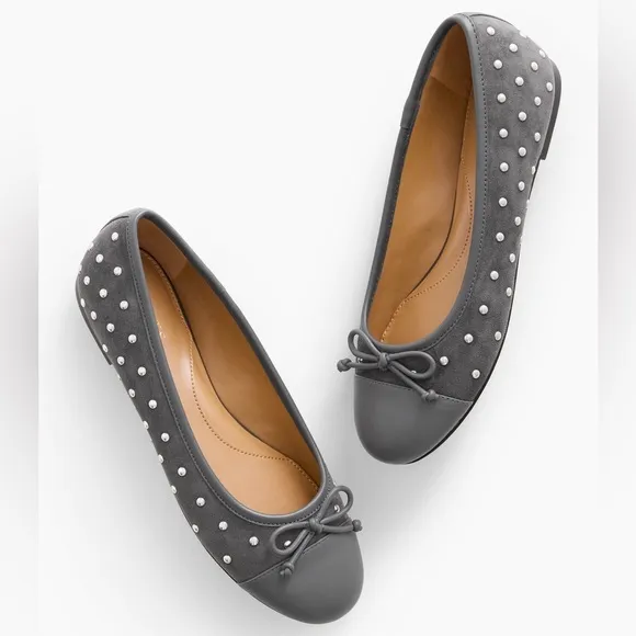 TALBOTS 10.5 11 Blair Studded Suede Ballet Flats in Kendall Grey • Classic Shoes