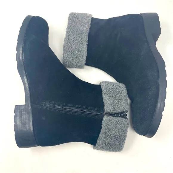 Talbots Ankle Boots Leather/Suede Fleece Top Side Zip Up Rounded Toe Black 9.5
