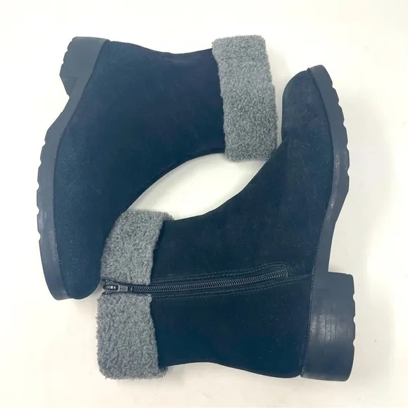 Talbots Ankle Boots Leather/Suede Fleece Top Side Zip Up Rounded Toe Black 9.5