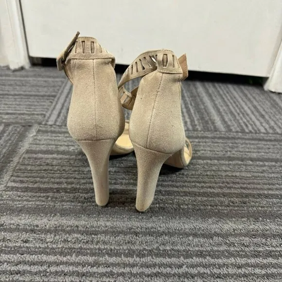Tamara Mellon Jagger Suede Ankle Strap High Heel Sandals Beige Size 39