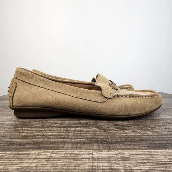 Taos Footwear Bit Moc Beige Suede Leather Loafers Size 9 Neutral Minimalist