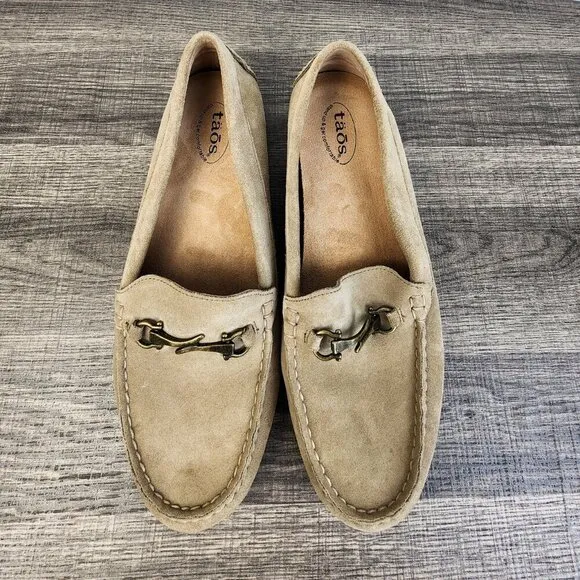 Taos Footwear Bit Moc Beige Suede Leather Loafers Size 9 Neutral Minimalist