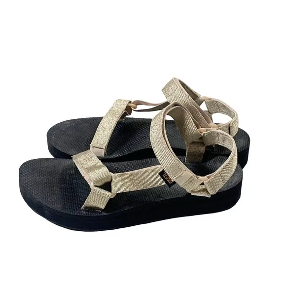 Teva Sandals Flatform Platform Ankle Strap Thong Flip Flop Metallic Gold 10