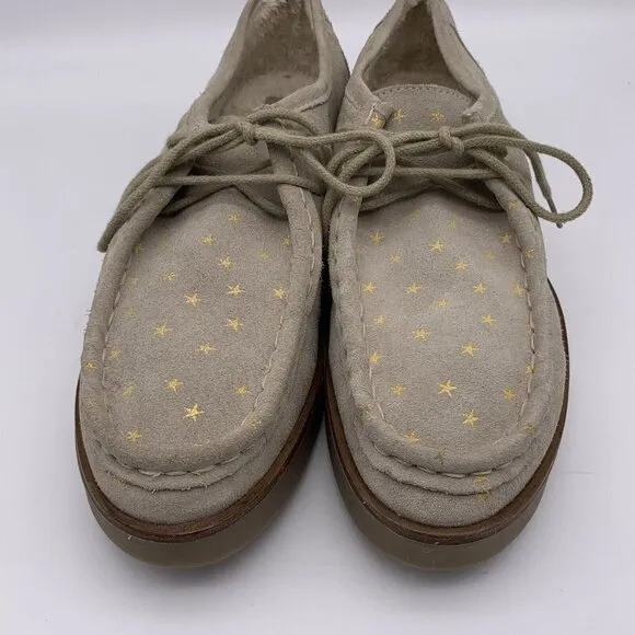 THE GREAT Scout Platform Loafers Taupe Star Print Shearling Lined Suede 10.5