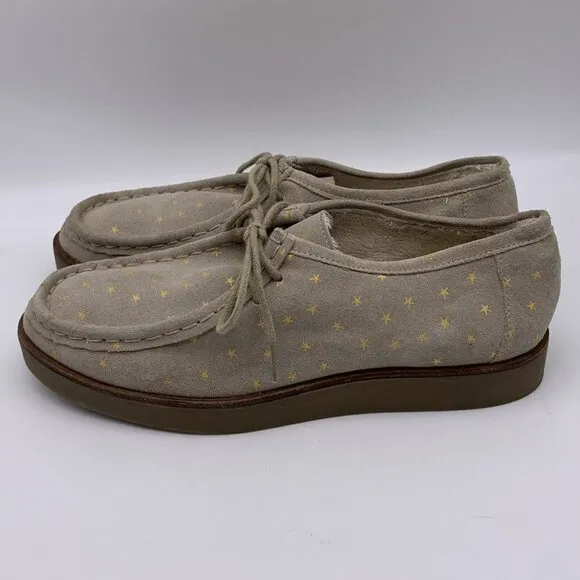 THE GREAT Scout Platform Loafers Taupe Star Print Shearling Lined Suede 10.5