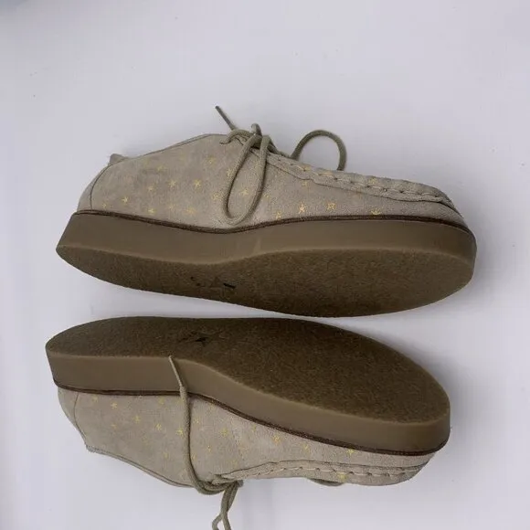 THE GREAT Scout Platform Loafers Taupe Star Print Shearling Lined Suede 10.5