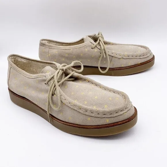 THE GREAT Scout Platform Loafers Taupe Star Print Shearling Lined Suede 10.5