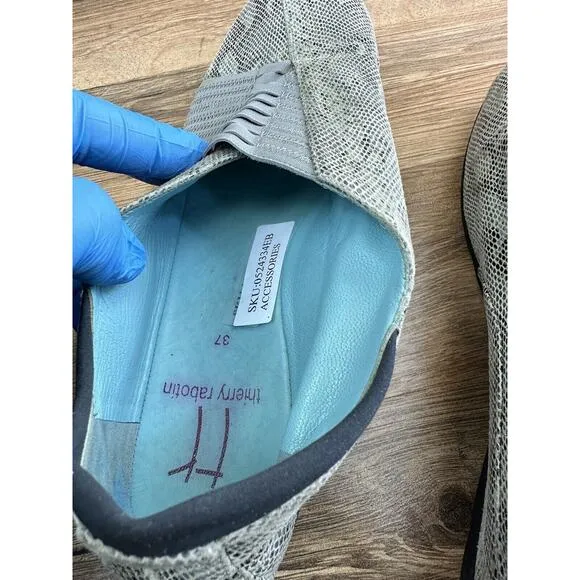 Thierry Rabotin Gray Florida Print Leather Slide On Flat Shoes Women’s 6…