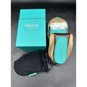 TIEKS Sz 7 New Metallic Gold Shiny Crinkle Brown &amp; Box Ballet Flats Travel Party