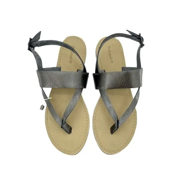 Timberland Carolista Thong Leather Sandals Metallic Pewter Ankle Strap SZ 9 NIB
