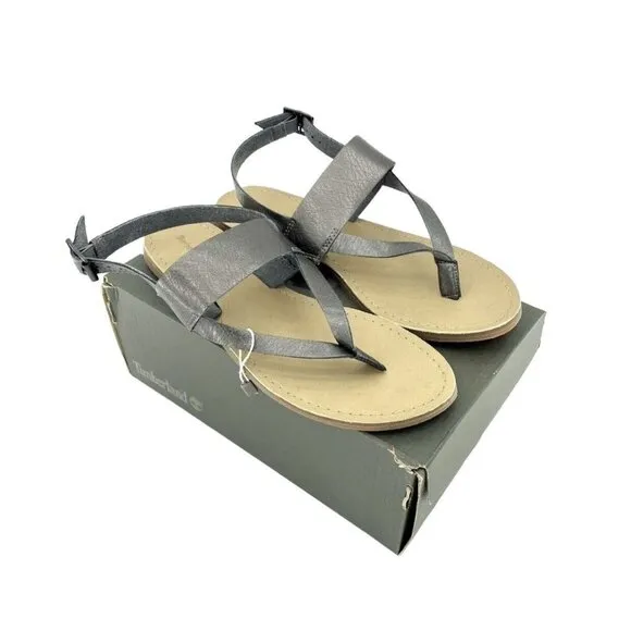 Timberland Carolista Thong Leather Sandals Metallic Pewter Ankle Strap SZ 9 NIB
