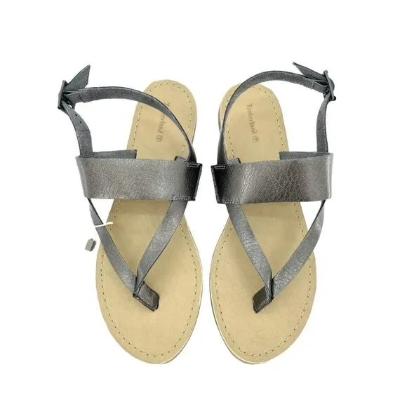 Timberland Carolista Thong Leather Sandals Metallic Pewter Ankle Strap SZ 9 NIB
