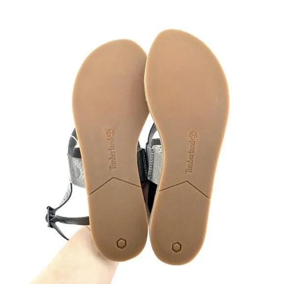 Timberland Carolista Thong Leather Sandals Metallic Pewter Ankle Strap SZ 9 NIB