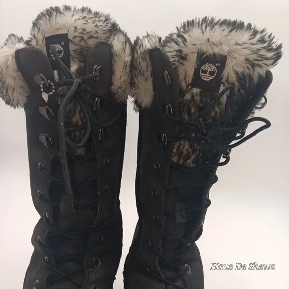 Timberland Premium Leather Knee High Fur Interior Lace Up Boots size 4