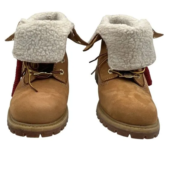 Timberland Womens 6.5W Teddy Fleece Fold-Down Wheat Waterproof Leather Boots