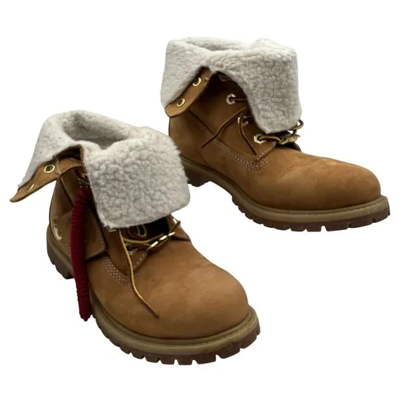 Timberland Womens 6.5W Teddy Fleece Fold-Down Wheat Waterproof Leather Boots