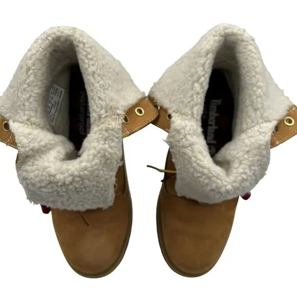Timberland Womens 6.5W Teddy Fleece Fold-Down Wheat Waterproof Leather Boots