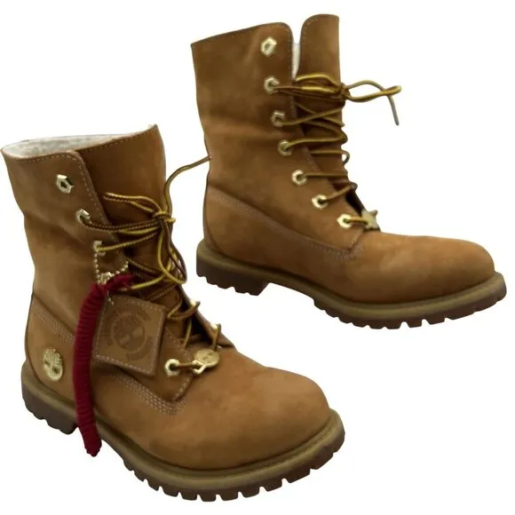 Timberland Womens 6.5W Teddy Fleece Fold-Down Wheat Waterproof Leather Boots