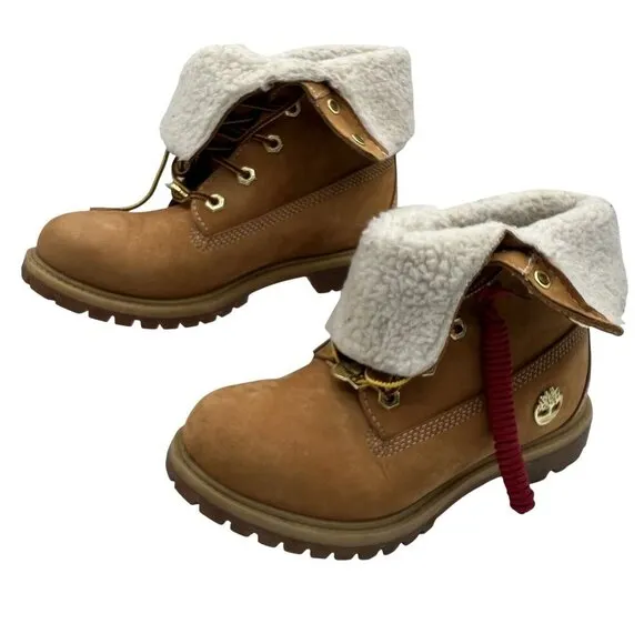 Timberland Womens 6.5W Teddy Fleece Fold-Down Wheat Waterproof Leather Boots