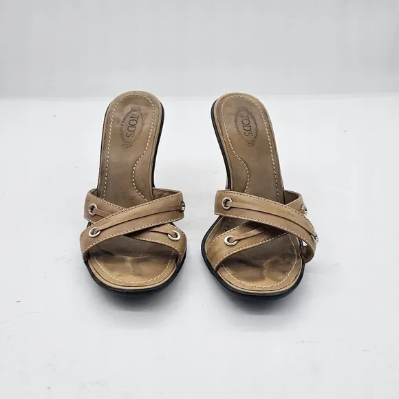 Tod's Beige Leather Heeled Sandals Size 6 Cross strap