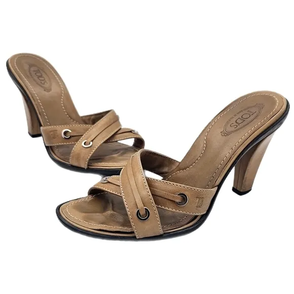 Tod's Beige Leather Heeled Sandals Size 6 Cross strap