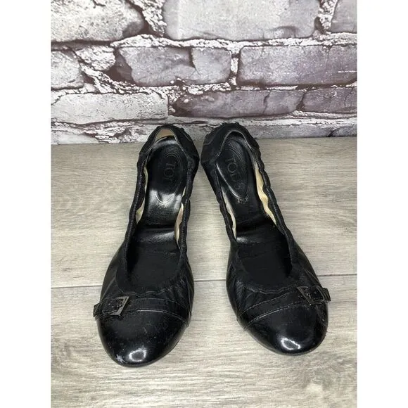 Tod's Black Leather Cap Toe Buckle Ballerina Ballet Flats Women's Sz 10M US/41EU