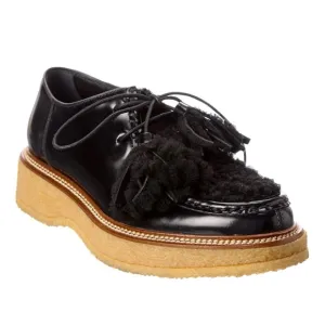 Tod’s Patent Leather Shearling Lace Up Fringe Loafers Black Size 38.5/8.5
