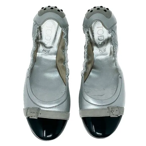 Tod’s Patent, Suede, &amp; Metallic Leather Ballerina Flats silver black size 37.5
