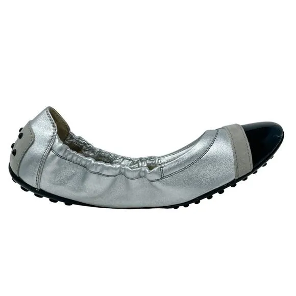 Tod’s Patent, Suede, &amp; Metallic Leather Ballerina Flats silver black size 37.5