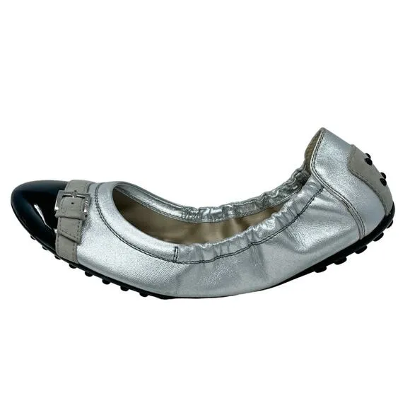 Tod’s Patent, Suede, &amp; Metallic Leather Ballerina Flats silver black size 37.5