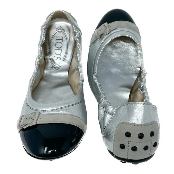 Tod’s Patent, Suede, &amp; Metallic Leather Ballerina Flats silver black size 37.5