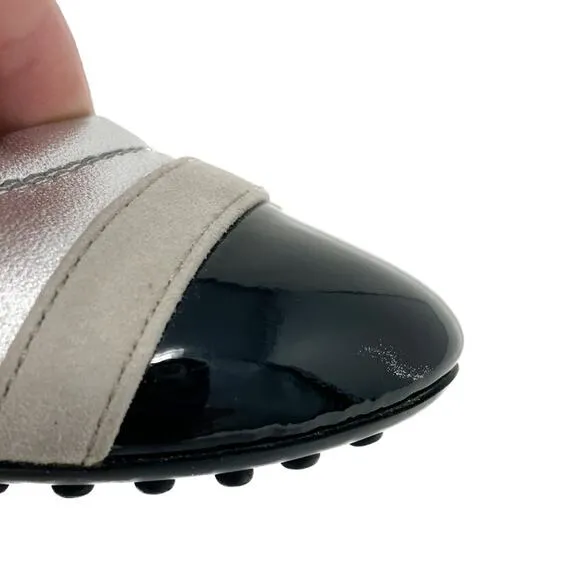 Tod’s Patent, Suede, &amp; Metallic Leather Ballerina Flats silver black size 37.5